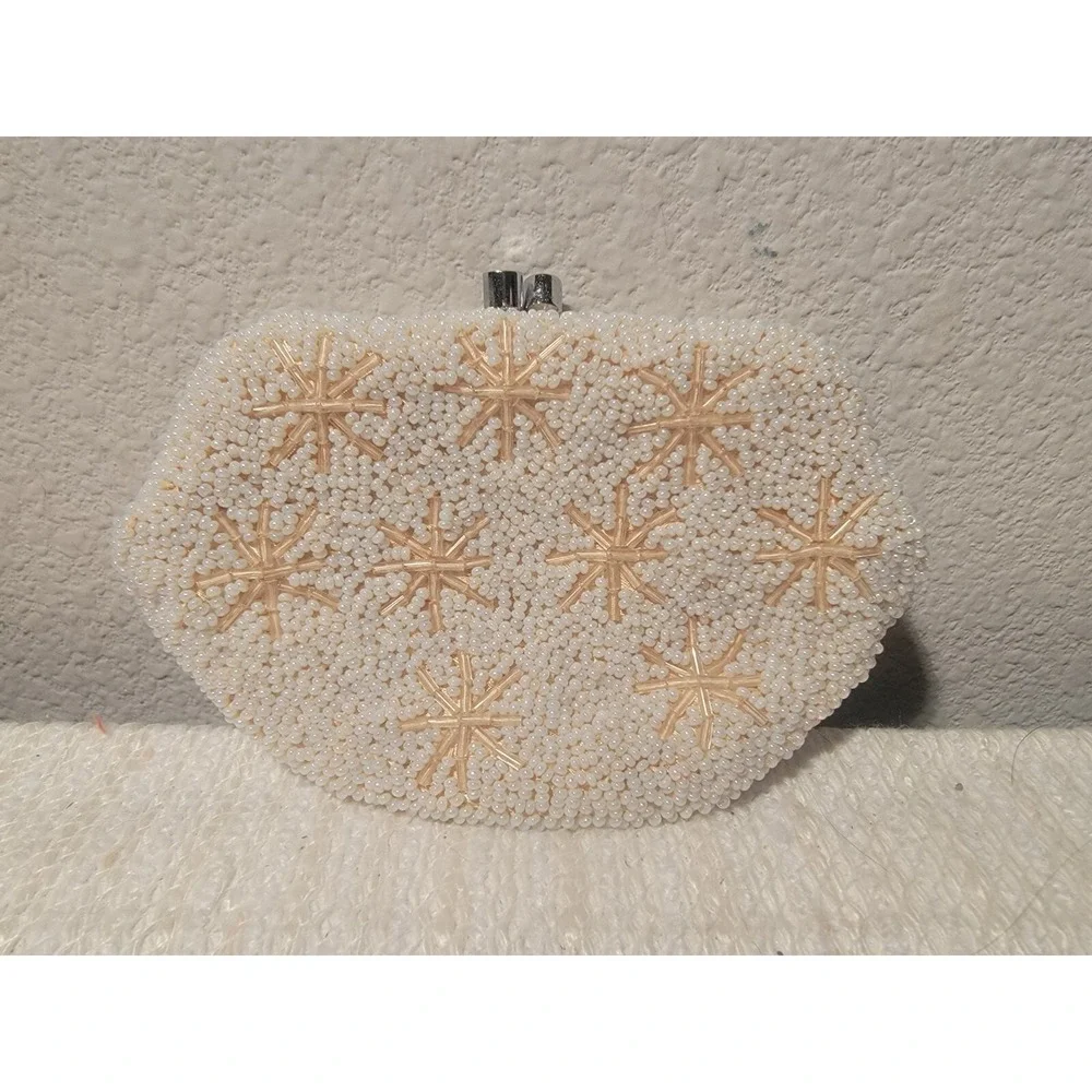 Vintage Handmade Small Kiss‎ Lock Beaded Cream Stars Sequin Coin Purse Bag 5